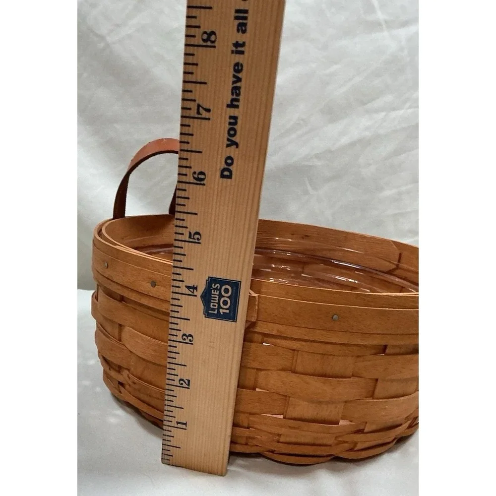 Longaberger Round Darning Basket Leather Handles Plastic Protector Signed 1995
